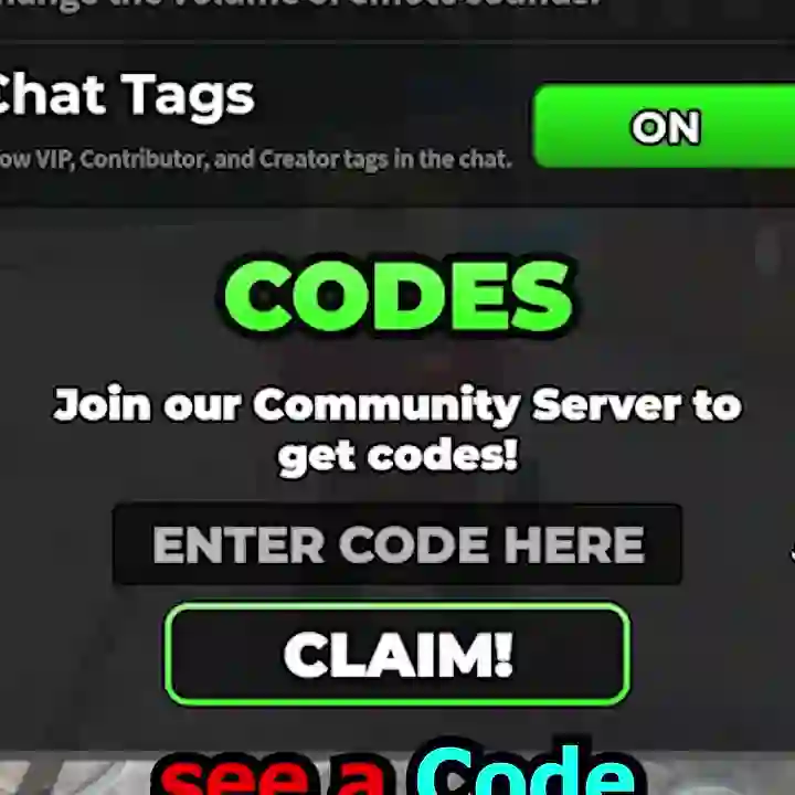MVS DUELS settings menu showing the CODES redeem box with CLAIM button